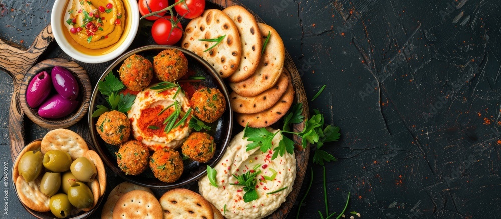Poster Top view of a falafel platter displayed with hummus olives crackers and vegetables demonstrating a mindful vegan food idea in a copy space image