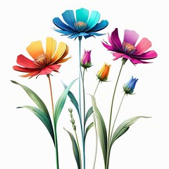 Photorealistic bouquet of three colourful wild flowers on long tall stems on a white background