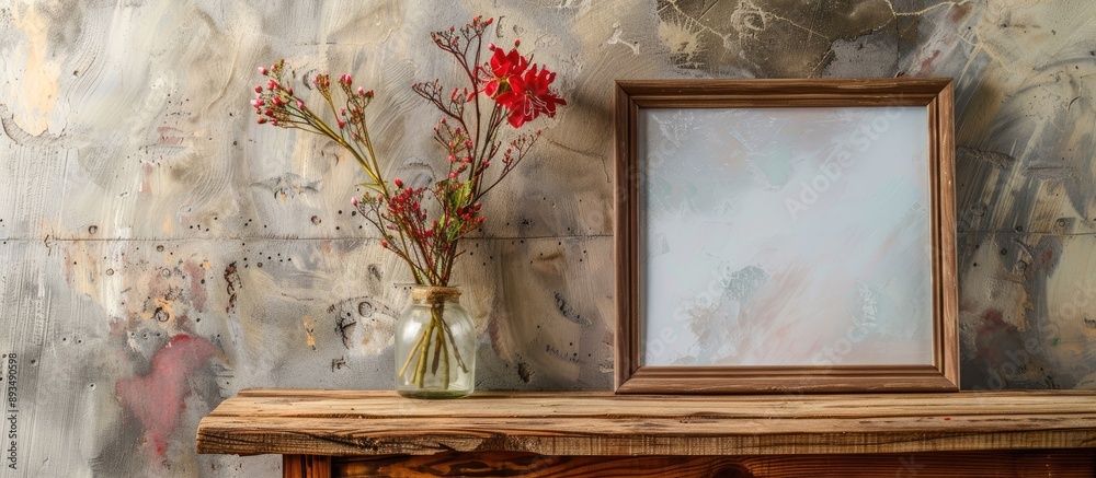 Poster A wooden picture frame displayed on an old wooden table with two flower bouquets as a decoration creating a charming setting with copy space image
