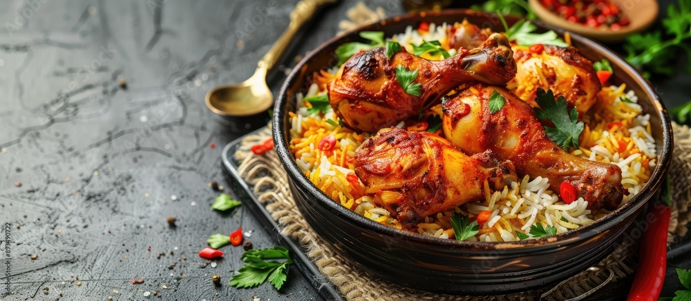 Poster delicious rice curry accompanied by spicy chicken drumsticks in a tantalizing dish with a rustic tou