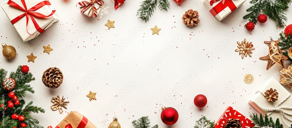Fototapete Top view of Christmas decorations gift boxes and garland forming a frame on a white background with empty space for additional elements or text