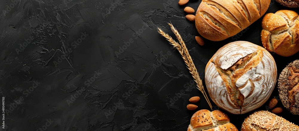 Aufkleber Top view of assorted fresh baked bread and buns on a black background with copy space image