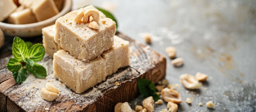 Traditional West Asian halva confection recipes displayed on a cutting board with copy space image