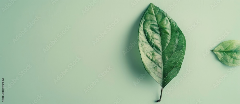 Poster Minimal concept featuring a creatively arranged green leaf on a soft pastel background with copy space image