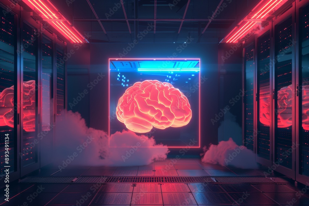 Poster dark spacious server room image with neon data and information for virtualization approach connected