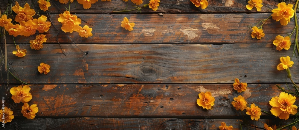 Aufkleber Top view of yellow flowers on a wooden surface with copy space image available for text or design elements
