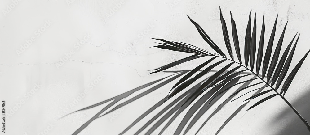 Fototapete a chic composition of a palm leaf casting an abstract black and white shadow on a white wall providi