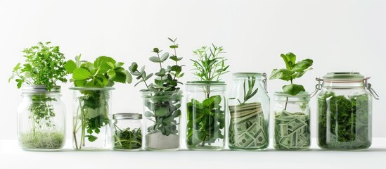 Isolated on a white background money stored in glass jars alongside green plants with plenty of empty space around for additional use as a copy space image
