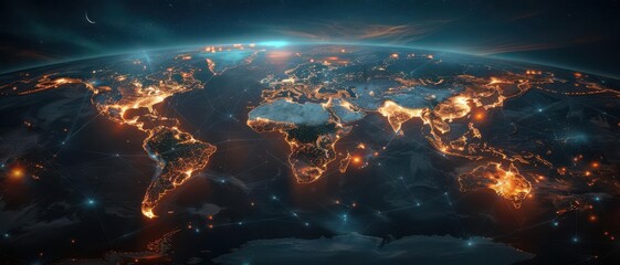 A global supply chain network with highlighted resilient and optimized routes showcasing real-time data and analytics dashboards