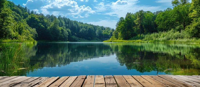 Observing the lake from a wooden dock with a forest backdrop in a park on a sunny late summer day provides a serene setting ideal for a copy space image
