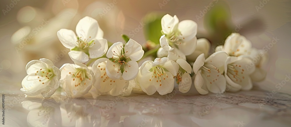 Poster Close up shot with selective focus of a cluster of small white flowers on a counter ideal for copy space image