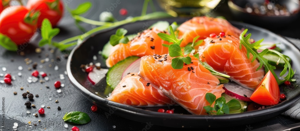 Aufkleber vegetables and salmon salad on a dark backdrop with focused detail for a copy space image