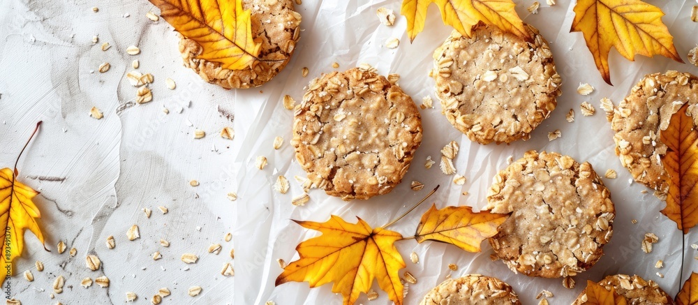 Poster Autumn themed oat cookies on a light background with parchment decorated with yellow leaves creating an enticing fall themed copy space image