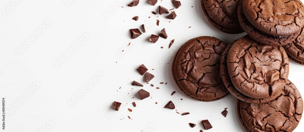 Poster Cocoa cookies placed on a white background beside a chocolate sandwich leaving space for placing other visuals like a copy space image