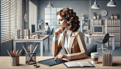 Professional woman working in modern office with digital tablet and thoughtful expression origami style