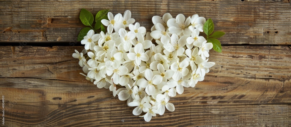 Poster heart shaped white flowers on wooden surface perfect for design projects with copy space image top v