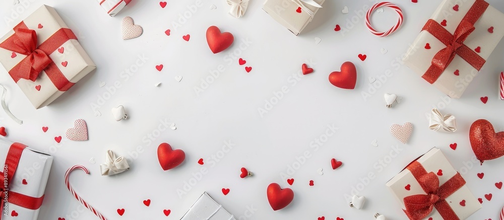 Aufkleber top view of valentine s day greeting card surrounded by gift boxes and hearts on a white backdrop wi