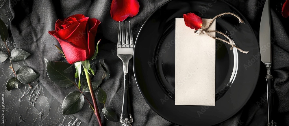 Aufkleber Top view of an elegant black and white table setting with plates on linen featuring a blank label red rose and silverware creating a visually appealing copy space image