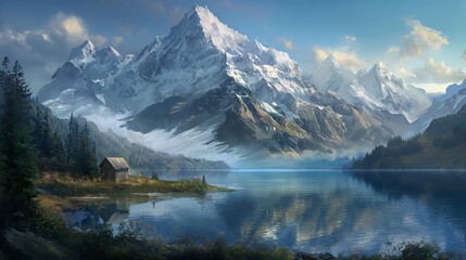 "Alpine Morning: Reflections of Snowy Peaks"