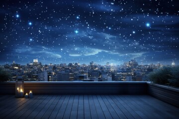 City view at night, starry sky.