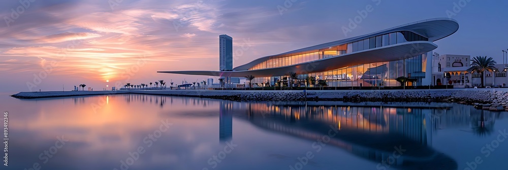 Canvas Prints modern architecture at sunset - a realistic photo of a stunning building reflected in the calm water