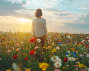 Fototapeta premium Woman Embracing the Beauty and Energy of New Beginnings in Vibrant Wildflower Field