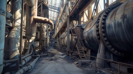 On the territory of an industrial area, in front of abandoned construction and water towers, you can see storage containers filled with gas that are aged and located on this site
