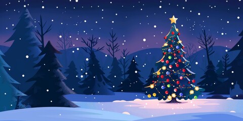 Fototapeta premium The winter wonderland looks magical on a snowy Christmas night, adorned with a glowing tree and festive celebration under the bright stars, bringing joy and tranquility to the atmosphere