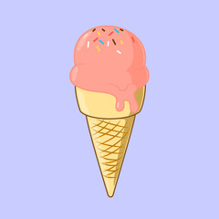 Strawberry ice cream with a sprinkle topping on a milky-purple background.
