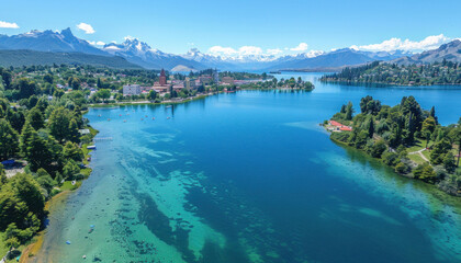 A serene lake with mountains in the background as seen from above, showcasing its natural beauty