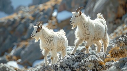 Obraz premium Two mountain goats standing on rocky terrain