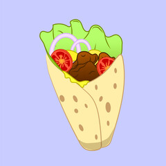 A wrap of kebab on a milky-purple background.