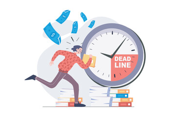 Deadline concept in modern flat design for web. Anxious employee running with documents and trying hurry to time, solving problems and urgent tasks, doing paperwork at work. Vector illustration.