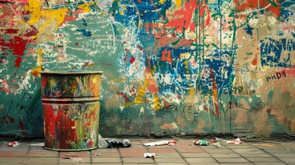 Photograph of a trash can, painted version