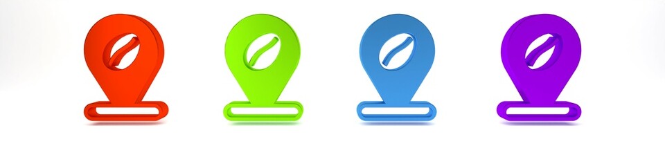 Colorful Location with coffee bean icon isolated on white background. Minimalism concept. 3D render illustration