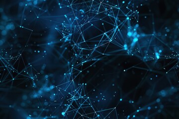 Futuristic network visualization with glow blue node and connections on dark background. Abstract digital concept showing interconnect data point, illustrating technology, AI, and global connectivity.