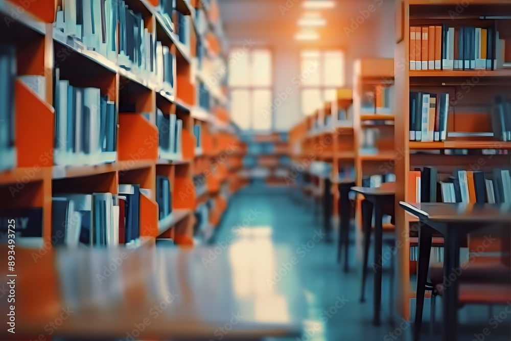 Sticker Abstract blurred empty college library interior space. Blurry classroom with bookshelves by defocused effect. Use for background or backdrop in book shop business or education. 