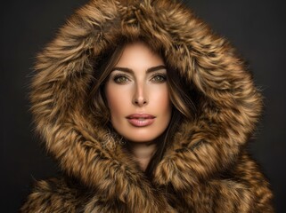 Stunning women in brown fancy chic fur coats and hair, illuminated dynamic composition. Copy text space, dramatic lighting.