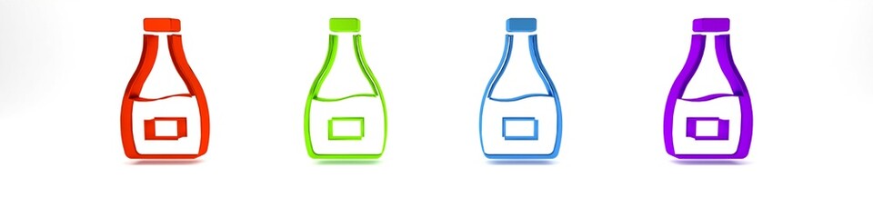 Colorful Sauce bottle icon isolated on white background. Ketchup, mustard and mayonnaise bottles with sauce for fast food. Minimalism concept. 3D render illustration