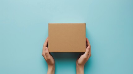 Photograph of woman's hands holding a brown cardboard box on a light blue background. Parcel box mockup, packaging, shopping, delivery