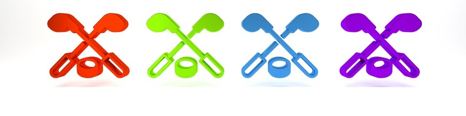 Colorful Ice hockey sticks and puck icon isolated on white background. Game start. Minimalism concept. 3D render illustration