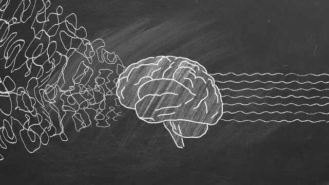 Concept of analysis, processing, structuring information by human brain. A chalk drawing illustration