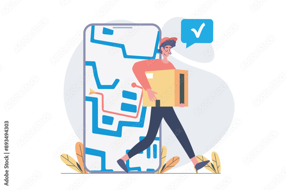 Aufkleber delivery concept in modern flat design for web. man courier shipping parcel box and distributing ord