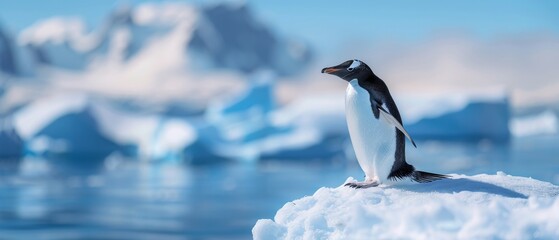 A penguin is standing on a snowy surface near a body of water