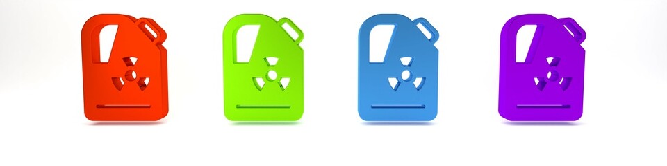 Colorful Radioactive waste in barrel icon isolated on white background. Toxic refuse keg. Radioactive garbage emissions, environmental pollution. Minimalism concept. 3D render illustration