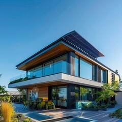 sustainable home energy modern house with expansive rooftop solar panel array blue sky ecofriendly architecture clean energy concept suburban setting