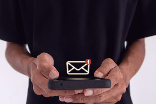 Man holding a smartphone with email notification, new message or social media notification.