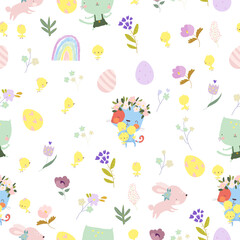 Vector Seamless Pattern with Funny Cats and Easter Elements