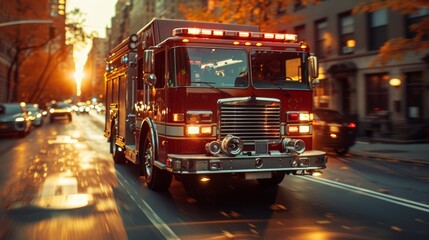 Fire truck driving down a city street at sunset
