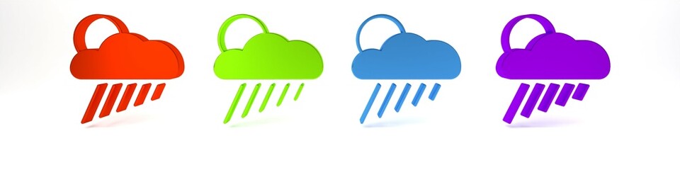 Colorful Cloud with rain and sun icon isolated on white background. Rain cloud precipitation with rain drops. Minimalism concept. 3D render illustration